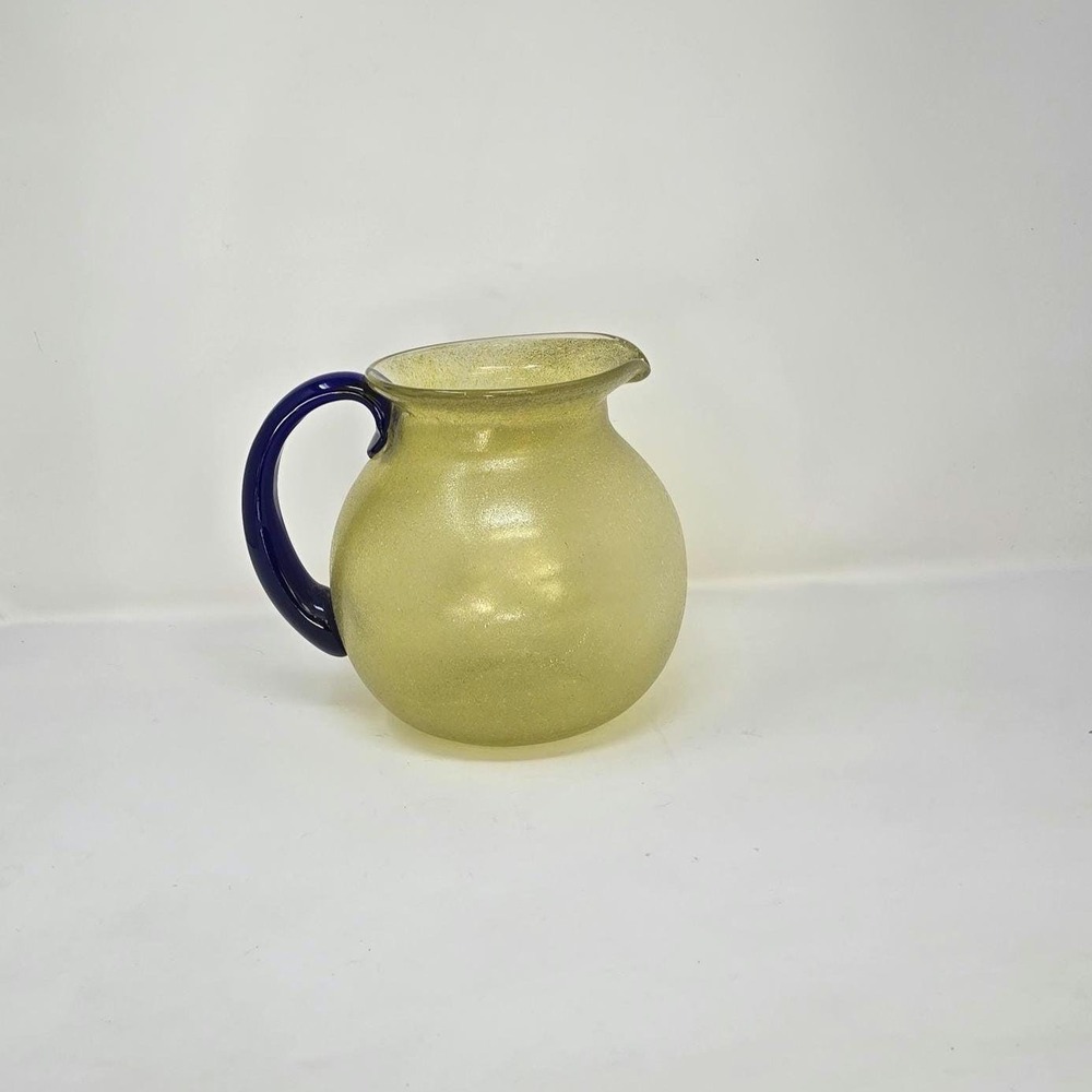 Vtg hand blown recycled glass juice pitcher  yellow water jug farmhouse cottage